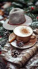 Poster - A cup of cappuccino and a hat on a table