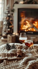 Poster - Two glasses of wine sitting on a table in front of a fireplace