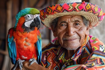 Sticker - This captivating portrait captures the essence of cultural heritage: an elderly man, possibly Mexican, dressed in traditional ethnic clothing, with an exquisite colorful bird perched on his arm