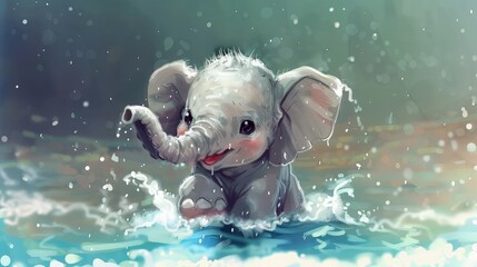 Wall Mural - Cute baby cartoon elephant playing with the water , cute animal pictures, Cute baby animal wallpaper, Cute baby animals for kid's room wall art, wall decoration arts for kid's room.