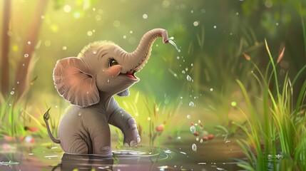 Wall Mural - Cute baby cartoon elephant playing with the water , cute animal pictures, Cute baby animal wallpaper, Cute baby animals for kid's room wall art, wall decoration arts for kid's room.