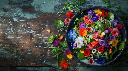 Sticker - A colorful salad bowl decorated with edible flowers sits on a rustic wooden table, creating a beautiful and artistic display of natures bounty AIG50