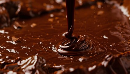 Hot Liquid Chocolate melting and pouring in motion on brown background, close up