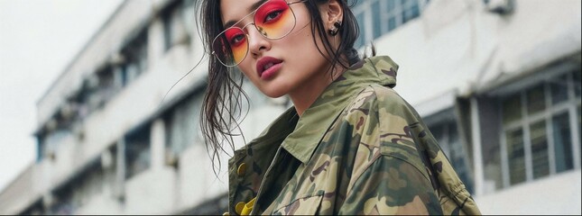 Asian woman wearing military camouflage, gradient glasses, standing in the streets, buildings in China. She is wearing golden glasses and has a ponytail hairstyle. The camera focuses on her face.