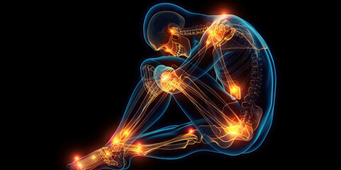 Wall Mural - Rheumatoid Arthritis: The Joint Inflammation and Fatigue - Visualize a person with highlighted joints showing autoimmune attack, experiencing joint inflammation and fatigue