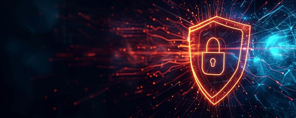 Aufkleber - Digital shield with lock icon, glowing red, cyber security and data protection concept