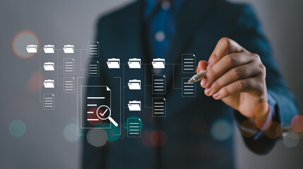 Fototapete - Businessman working with digital document on virtual screen, Document Management System (DMS), documentation database and process automation to efficiently manage files and folder