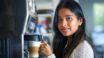 Poster - Woman standing by the office coffee machine, enjoying a sip from her cup