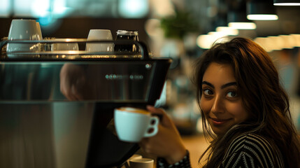 Canvas Print - Woman standing by the office coffee machine, enjoying a sip from her cup