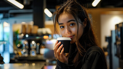 Poster - Woman standing by the office coffee machine, enjoying a sip from her cup