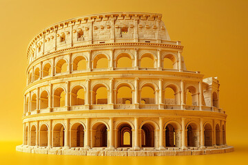 The Colosseum is made from pasta, spaghetti on yellow background, art creative, 3D rendering