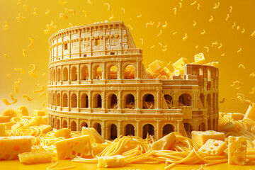 Wall Mural - The Colosseum is made from pasta, spaghetti on yellow background, art creative, 3D rendering