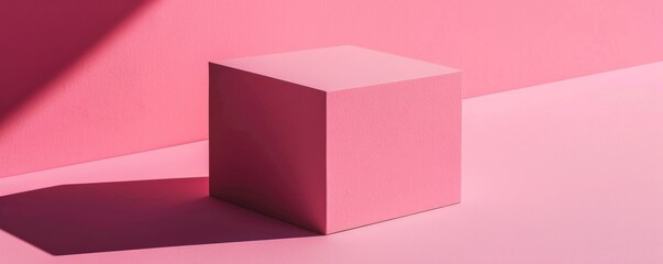 Poster - Pink cube on solid pink background with shadows, minimalistic geometric concept