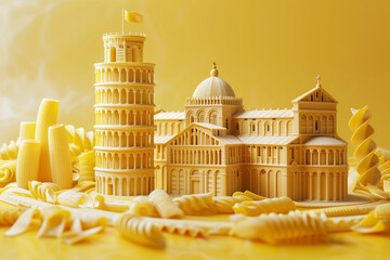 Poster - The Italian Tower of Pisa and the Colosseum are made from pasta on yellow background, art creative, 3D rendering