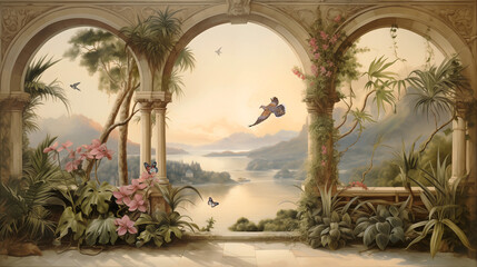 Wallpaper Classic drawing of a palace garden in the Baron style Stone arches overlooking the river and the picturesque nature with trees, flowers, birds, in vintage style