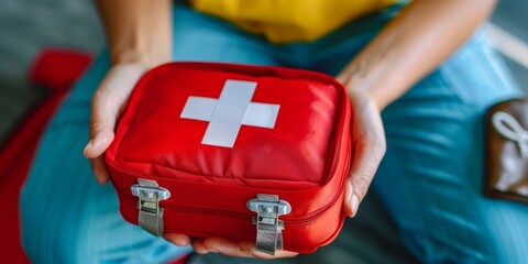 Wall Mural - A person holds a red first aid kit close, showcasing the importance of preparedness and celebrating World First Aid Day