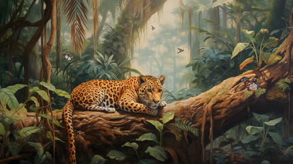 Wallpaper with a jaguar animal background pattern in a dry tropical forest with trees, plants, birds and butterflies .