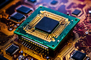 Poster - An extreme closeup of a central processor unit (CPU) mounted on a vibrant, multi-colored circuit board Generative AI image.
