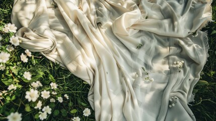 Wall Mural - A white dress laying in the grass with white flowers