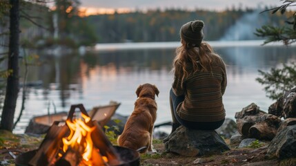 Poster - A woman sitting by a campfire with her dog