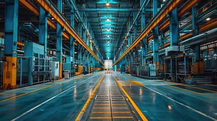 Modern industrial factory with automated machinery and conveyor belts for manufacturing and transportation. Blue steel machinery and equipment in empty warehouse modern production technology 