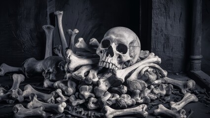 Poster - A pile of bones and skulls are piled up on the floor, AI