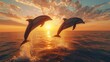 © familymedia - Duo of dolphins mid-air in synchronous motion during a mesmerizing sunset, embodying elegance and companionship