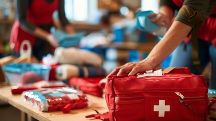 a red first aid kit is prepared for world first aid day, symbolizing readiness to help others