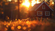 © ArtistiKa - Golden sunset illuminating a charming rural house among sparkling field bokeh