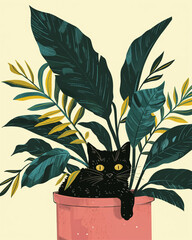 Illustration of a curious black cat peeking out of a pink plant pot, surrounded by green tropical leaves