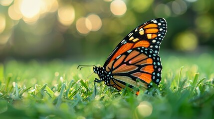 A vibrant monarch butterfly perches delicately on a green grass blade with soft bokeh background