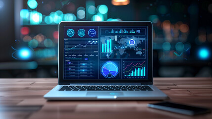 Wall Mural - business sales growth data statistics displayed on laptop in modern office, economy or business analysis 