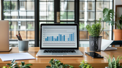 Poster - business sales growth data statistics displayed on laptop in modern office, economy or business analysis 