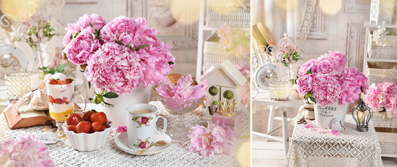 Wall Mural - Banner with shabby chic style interior with a bunch of pink peonies, coffee and strawberry dessert