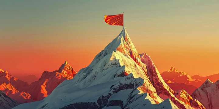 Peak Performance: Abstract mountain peak with a flag representing success and accomplishment at the highest level