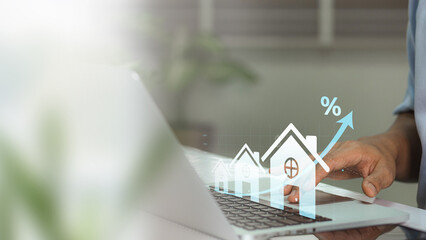 Aufkleber - Real Estate Investment Growth: Professional Using Digital Technology for Property Market Analysis and Tracking Percentage Increases in a Modern Office Environment