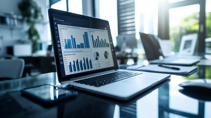 Poster - business sales growth data statistics displayed on laptop in modern office, economy or business anal