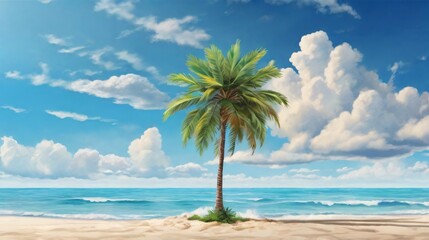Wall Mural - summer beach and palm tree with blue sky and white cloud background