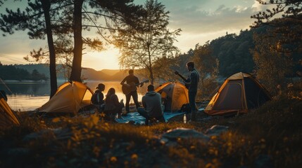 group of camping enjoy playing music guitar with tents near lake at twilight sunset ai generated