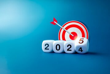 Poster - Business success plan and trends in new year 2025, banner background concept. Big 3d target dart icon and Flipping blocks with 2024 change to 2025 year numbers on blue background, minimal style.
