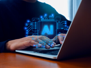Aufkleber - AI generated, futuristic technology. Digital AI chip in businessman hand who work with laptop computer. Innovation tools services and data applications platform for development and business solve.