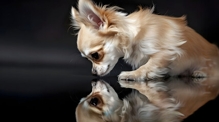 Wall Mural - Chihuahua standing and looking at his reflection 