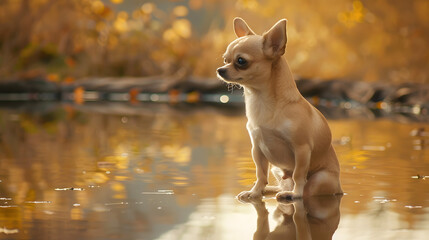 Wall Mural - Chihuahua standing and looking at his reflection 