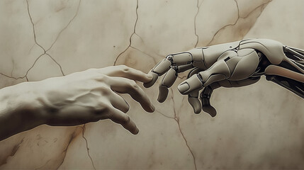 A striking image inspired by 'The Creation of Adam', depicting a human hand and a robot hand about to touch