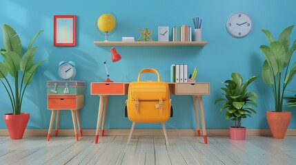 Wall Mural - School desk with school accessory and backpack, back to school on isolated background, 3D Illustration 