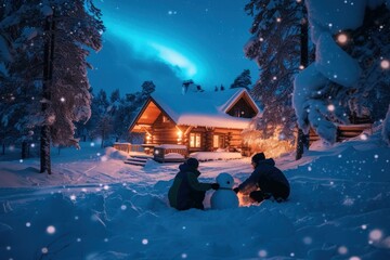 Wall Mural - Christmas in Lapland, Finland: Photograph a family building a snowman together in the pristine winter wonderland of Lapland, with the Northern Lights shimmering overhead and a cozy log cabin adorned 