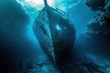 Wall Mural - Underwater view of a ship's hull moving smoothly through ocean waters