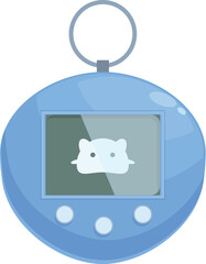 Poster - Blue tamagotchi showing virtual pet on screen with buttons and ring