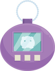Poster - Round purple keychain toy is displaying a white digital pet on its screen