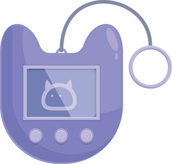Poster - Purple handheld digital pet toy with a keychain is displaying a cute virtual pet on its screen